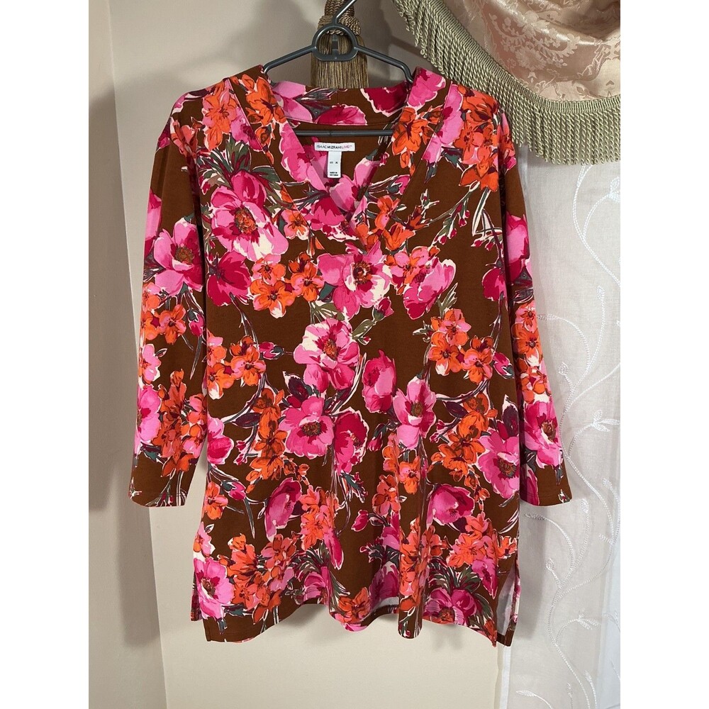 Isaac Mizrahi Live! Cotton Woman's Top Sz XL Colorful Floral Brown and Fushia